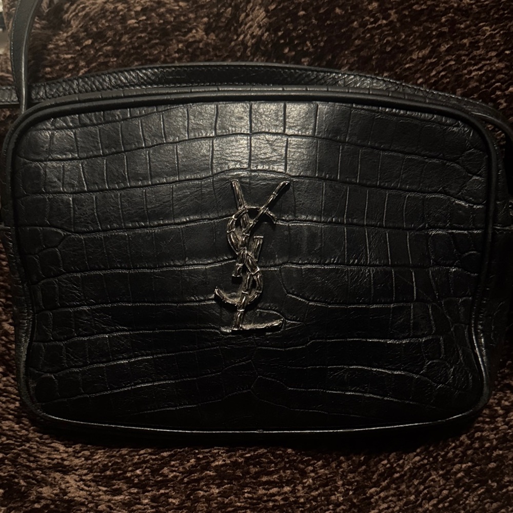 Yves Saint Laurent Black Croc-Embossed Leather Belt Bag with Metal Logo